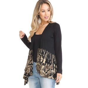 Vajra Collections Half Tie Dye lightweight open-front cardigan. Black/Tan